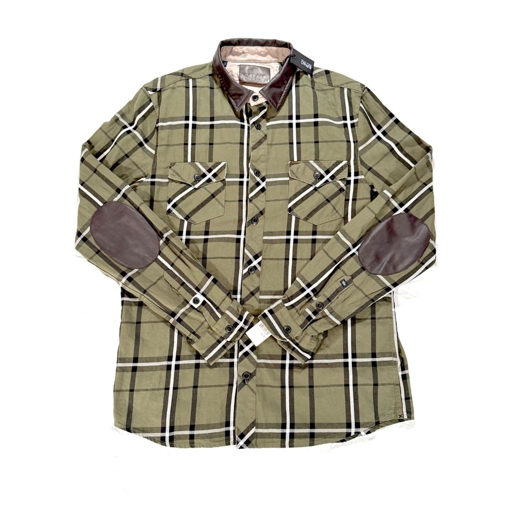 Buffalo David Bitton Men's XL Plaid Shirt Olive Green Faux Leather Collar Elbow